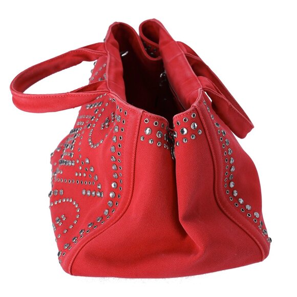 PRADA Canapa Tote Bag BN2642 Red Canvas Red Stones - Picture 3 of 8